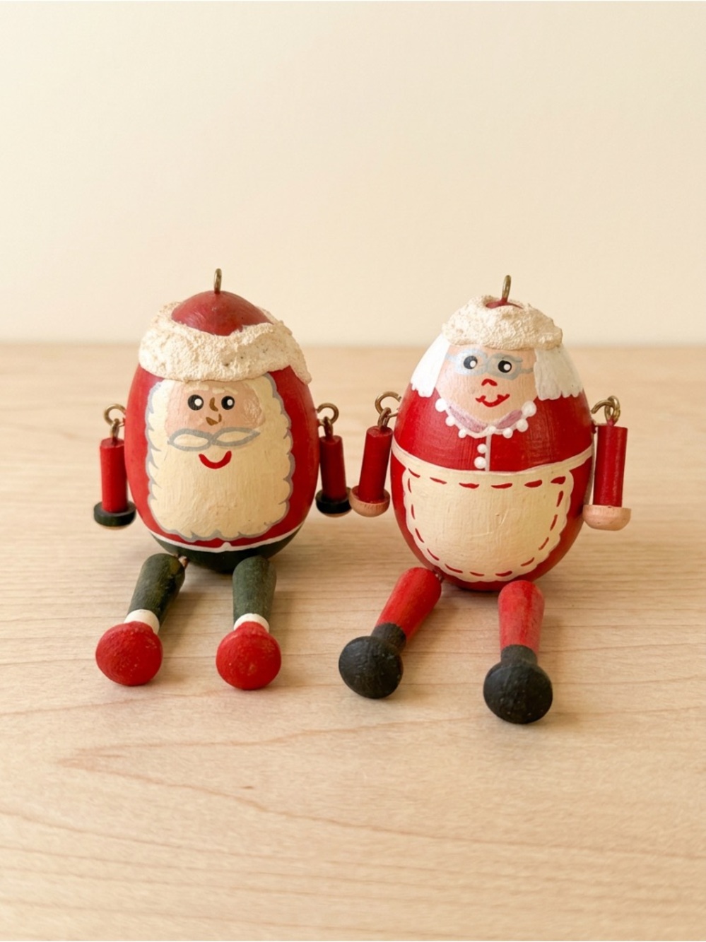 Vintage Handmade Hand-Painted Wood Santa Mrs Claus Christmas Ornaments Set, Folk